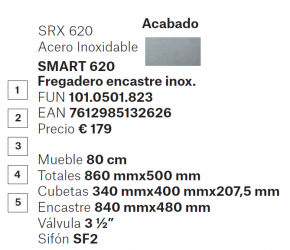 FREGADERO DE ACERO INOXIDABLE MODELO SMAR 620  FRANKE 1010501823