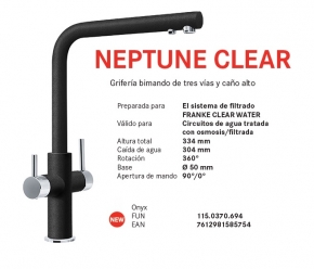 GRIFO DE COCINA NEPTUNE CLEAR  WATER CAÑO ALTO ONYX FRANKE NOVEDAD 115.0370.694