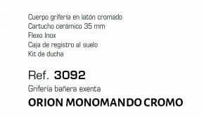 GME GRIFERIA BAÑERA EXENTA MODELO ORION  MONOMANDO  CROMO 3092