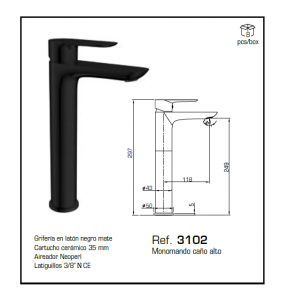 GME GRIFO CAÑO ALTO DE LAVABO MONOMANDO CASSIO NEGRO 3102 NOVEDAD