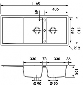 FREGADERO 2 SENOS CON ESCURRIDOR LUISINA FORTE EV 1921 GRANITO 116X51CM NOVEDAD 