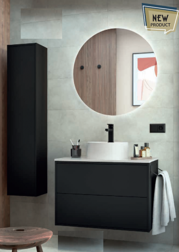 Mueble de baño 80 cm 2 cajones - Roble y negro - Lavabo redondo - Espejo  negro Led - OMEGA